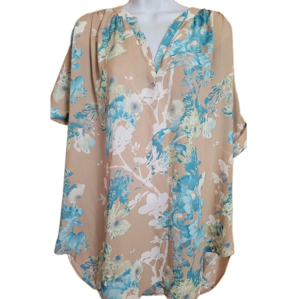 Boho Floral Worthington Womens Large Tan Blue Split Neck Short Sleeve Blouse NWT